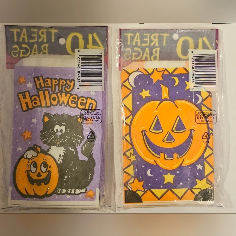 Vintage Halloween 1995 Trick Or Treat Goodie Bags Lot 2 Sets Of 40 Cat Pumpkin
